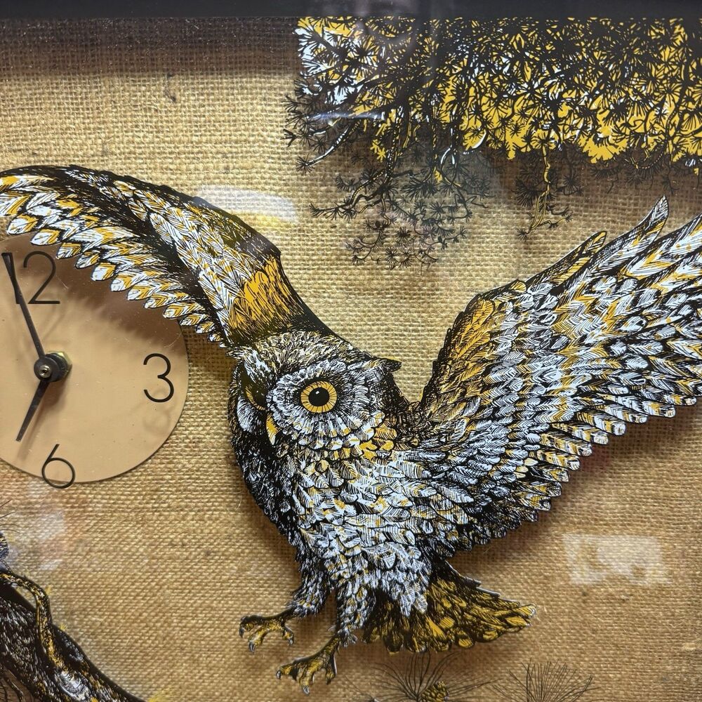 VTG Elgin Wall Clock owl landing on tine branch 70s mcm Retro Glass Clock Owls - Picture 7 of 13